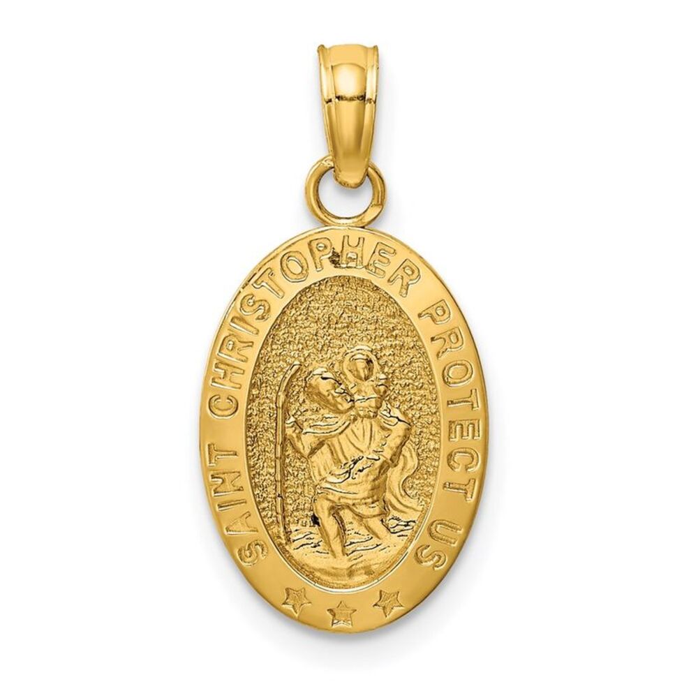 14k Yellow Gold Textured Oval St Christopher Medal Pendant, 10 x 22mm